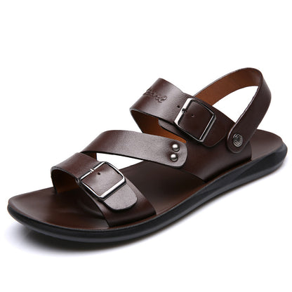 Brown sandal with multiple straps and buckles on a white background