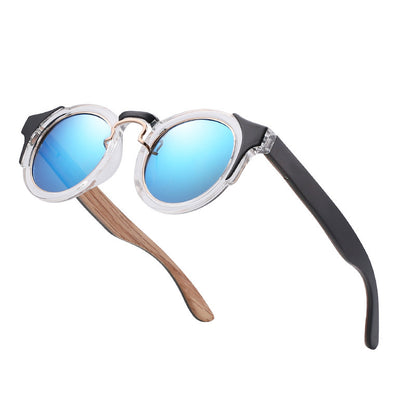 Sunglasses with blue lenses and a unique frame design on a white background