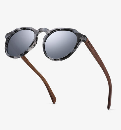 Sunglasses with wooden arms and gray lenses on a white background