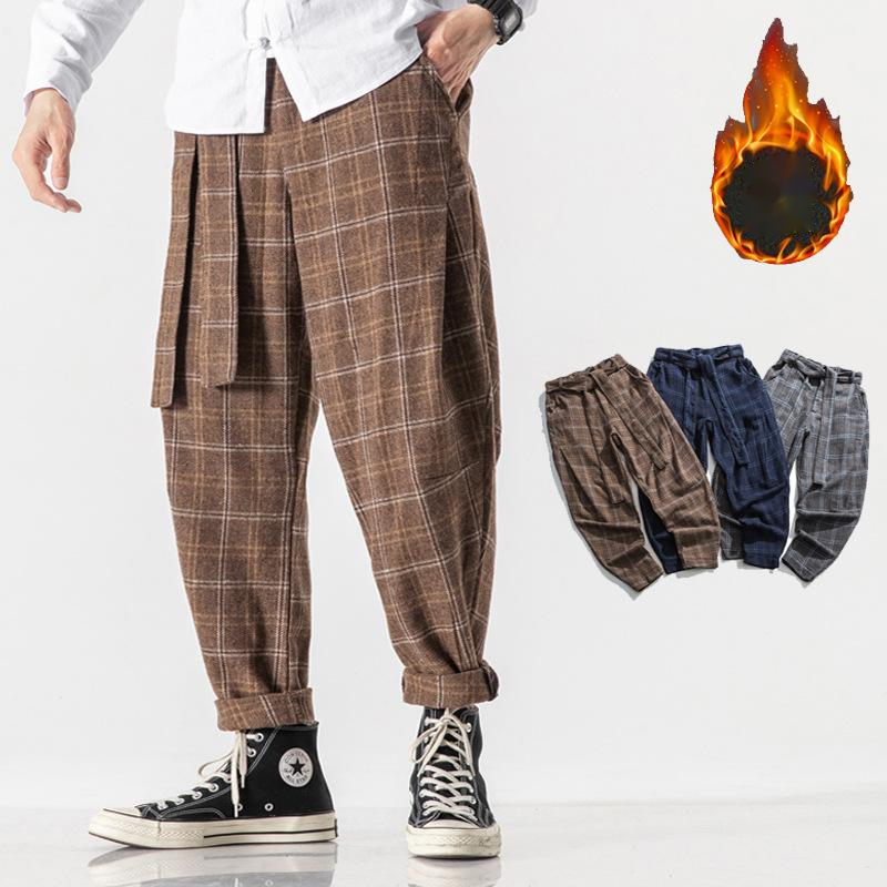Brown plaid pants worn by a person, with inset images of different colored pants.