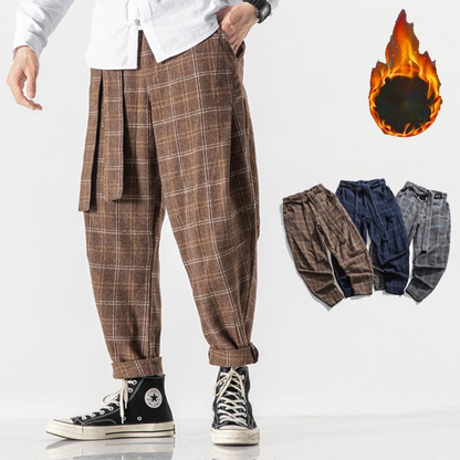 Brown plaid pants worn by a person, with inset images of different colored pants.