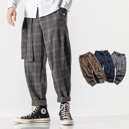Plaid pants worn by a person on a white background with inset images of different colored pants.