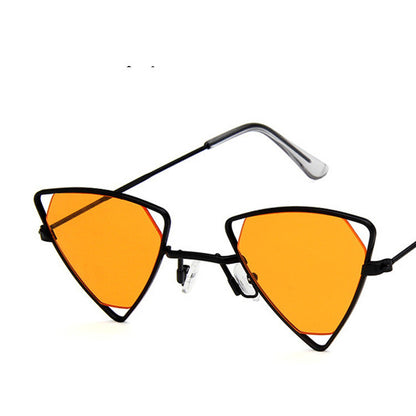 Sunglasses with orange lenses and black frames on a white background