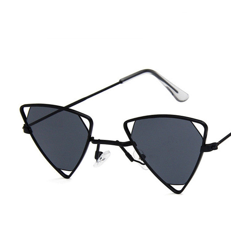 Black cat-eye sunglasses with dark lenses on a white background