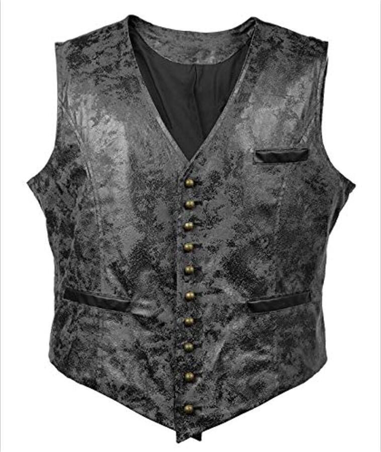 Vintage-style gray vest with gold buttons on a white background