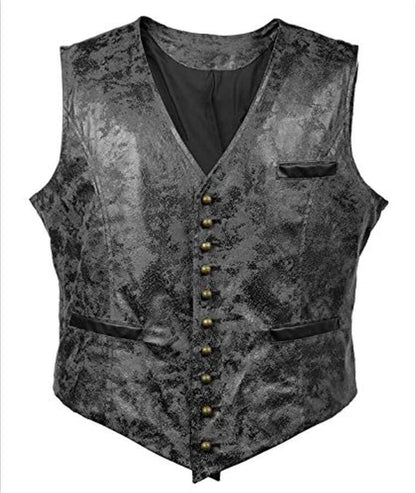 Vintage-style gray vest with gold buttons on a white background