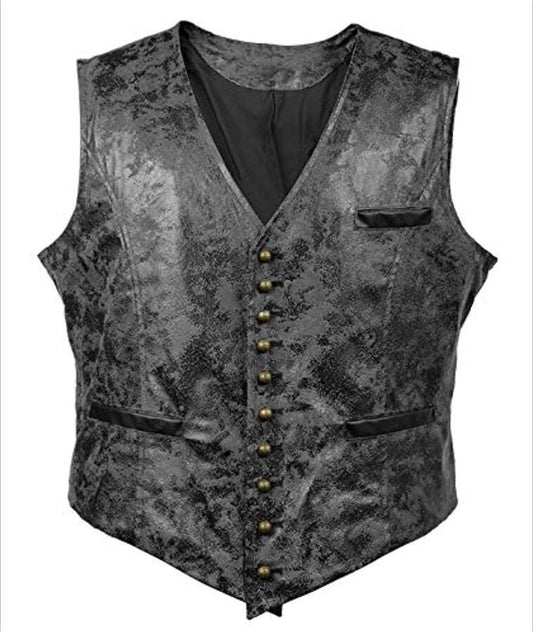 Vintage-style gray vest with gold buttons on a white background