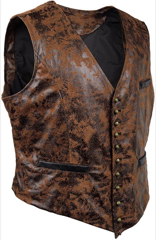 Brown leather vest with a textured pattern on a white background