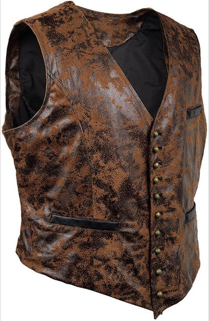 Brown leather vest with a textured pattern on a white background