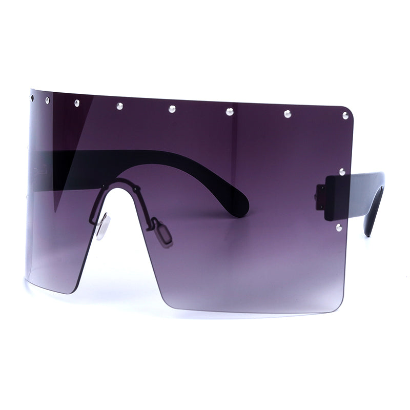 Sunglasses with a gradient purple lens on a white background