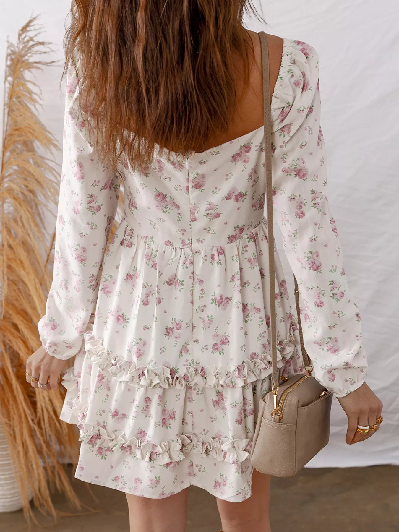 Floral Print Long Sleeve Ruffle Flared Mini Dress