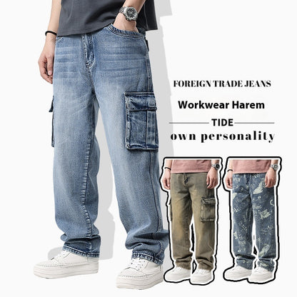 Harem jeans with cargo pockets worn by a person, with inset images of different styles.