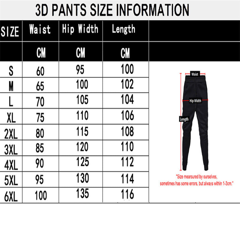 3D pants size information chart with measurements and a diagram of pants.