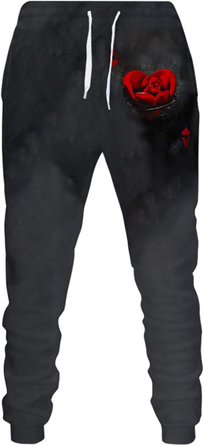 Black sweatpants with a red rose design on a white background