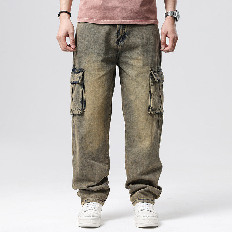 Person wearing olive green cargo pants on a white background