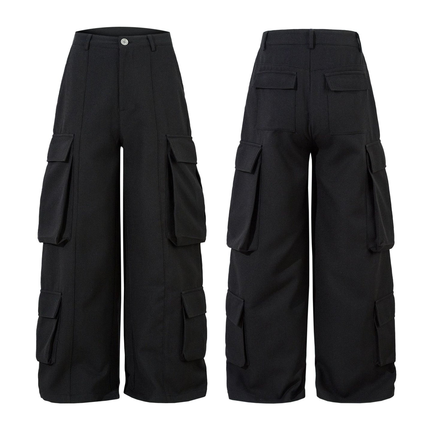 Black cargo pants shown from front and back on a white background