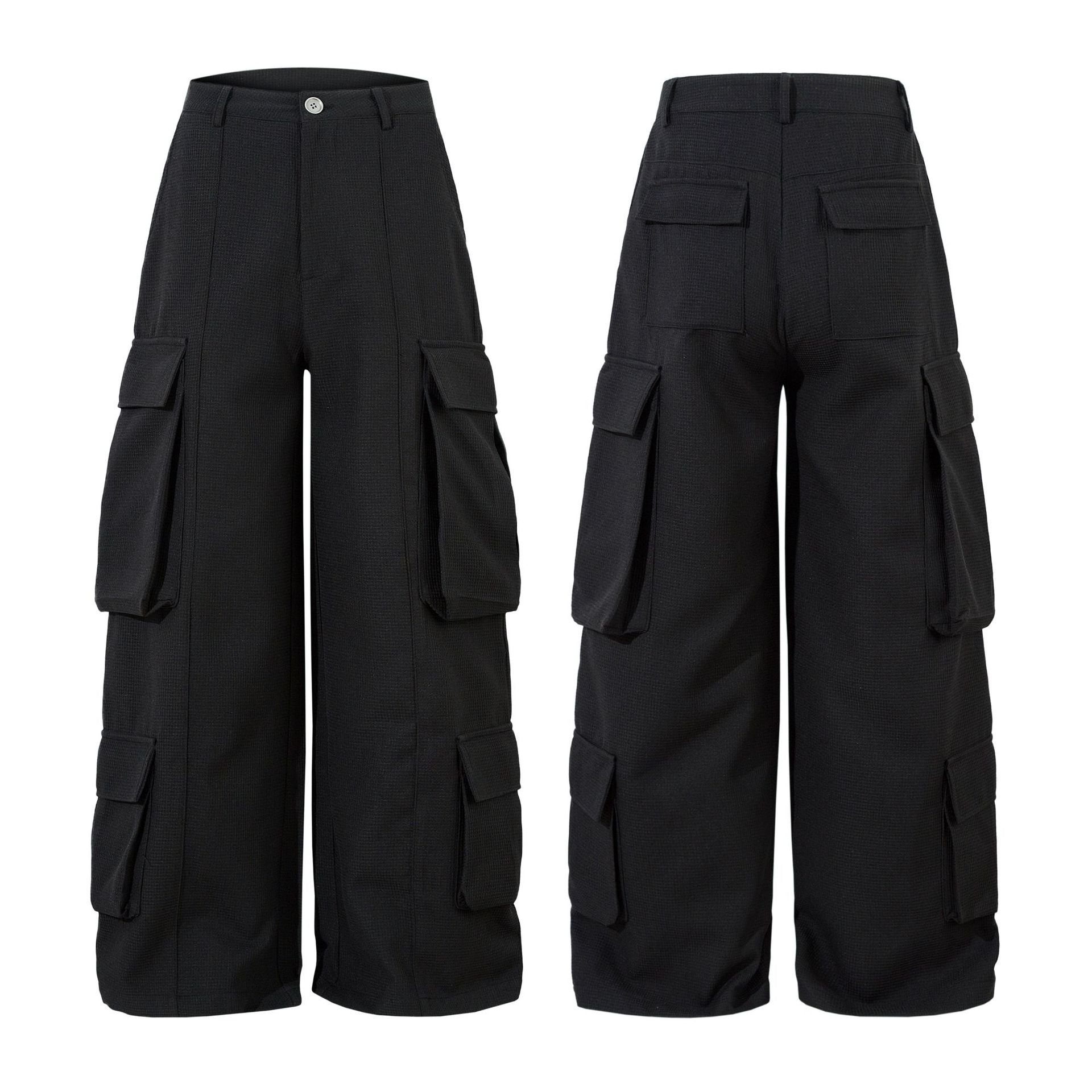 Black cargo pants shown from front and back on a white background
