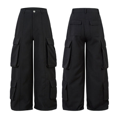 Black cargo pants shown from front and back on a white background