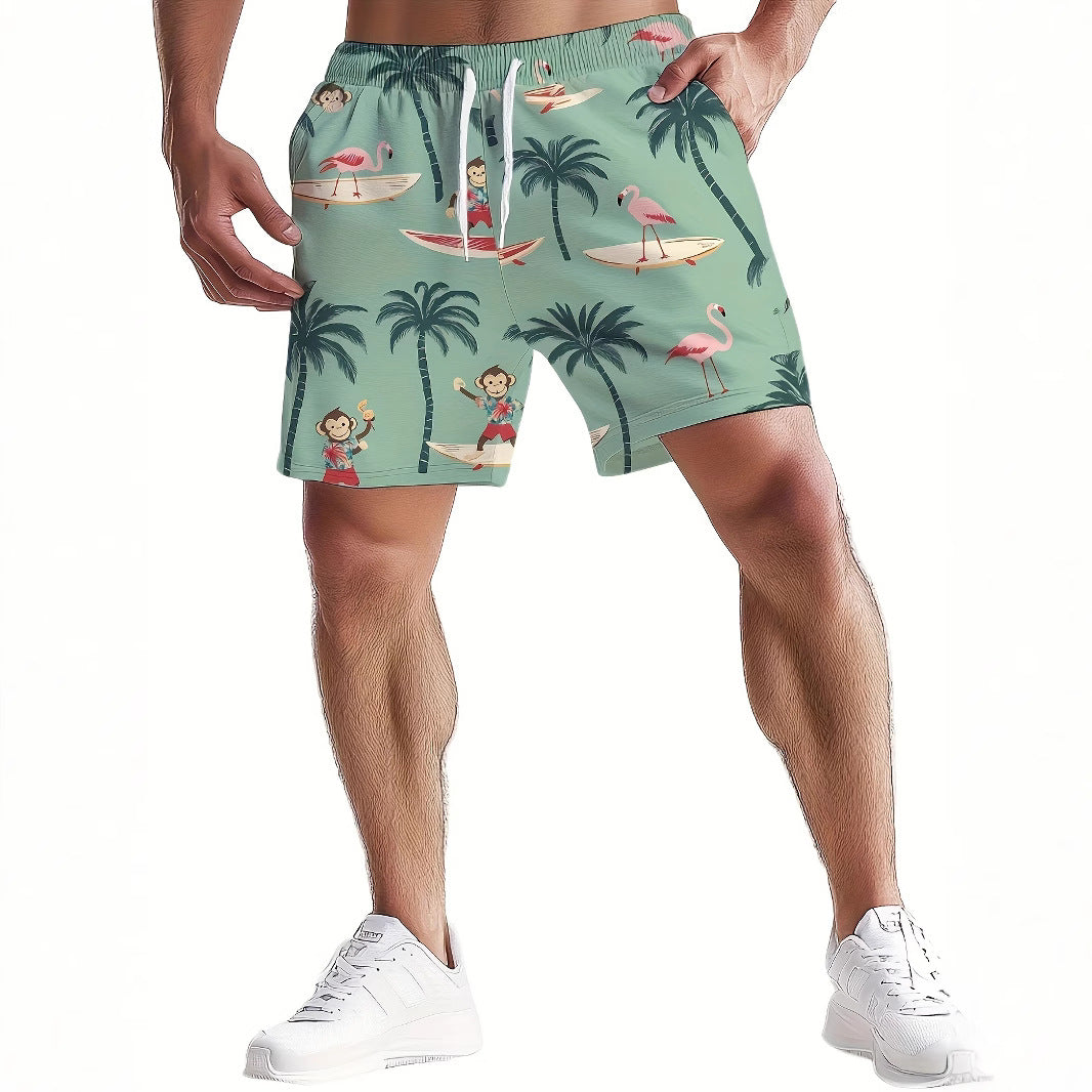 Person wearing a tropical-themed shorts with flamingos, palm trees, and monkeys on a white background