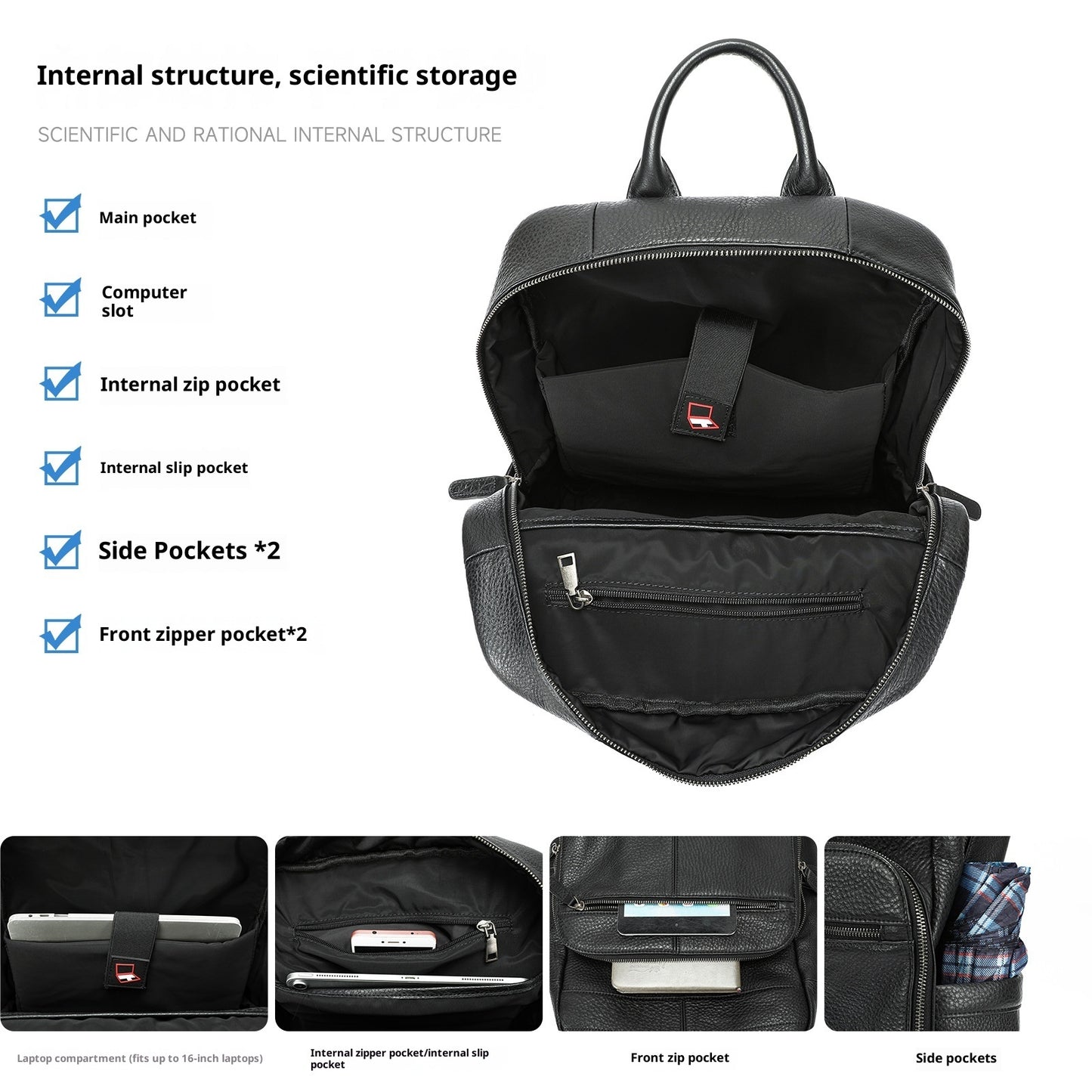 Black backpack with various pockets and compartments on a white background