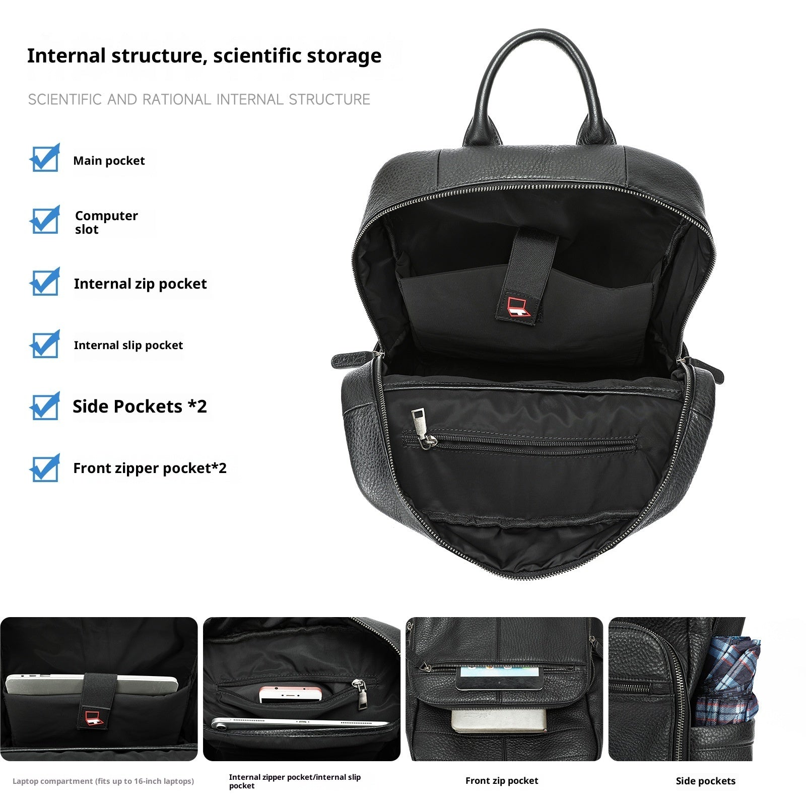 Black backpack with various pockets and compartments on a white background