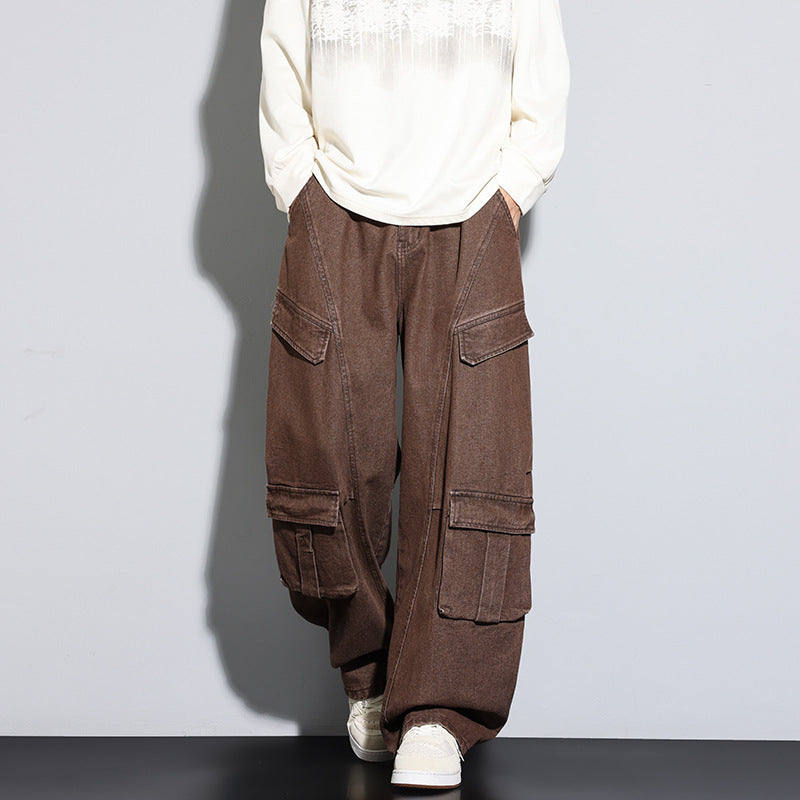 Brown cargo pants worn by a person on a plain background