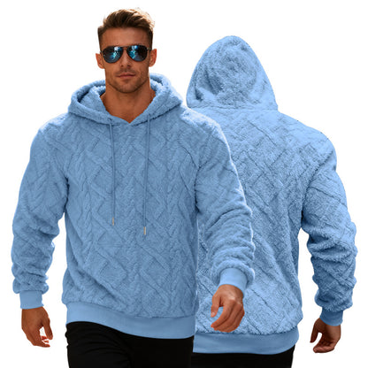 Light blue textured hoodie worn by a model on a white background