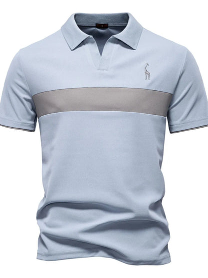 Light blue polo shirt with a gray stripe on a white background