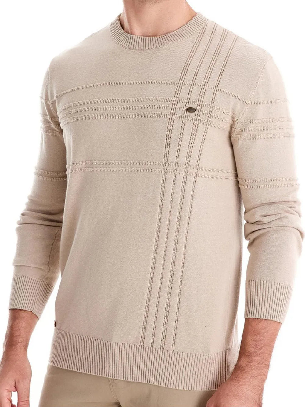 Beige sweater with a subtle pattern on a white background