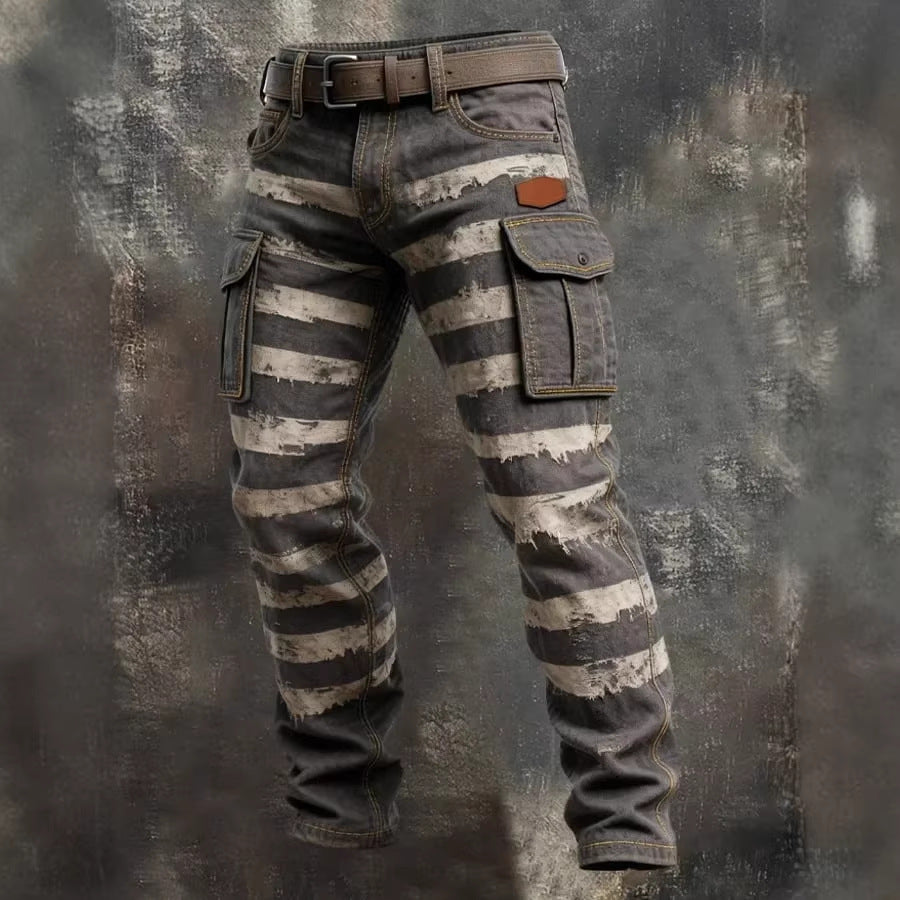 Striped cargo pants on a textured gray background