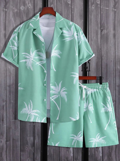 Green pajama set with palm tree pattern on a wooden background