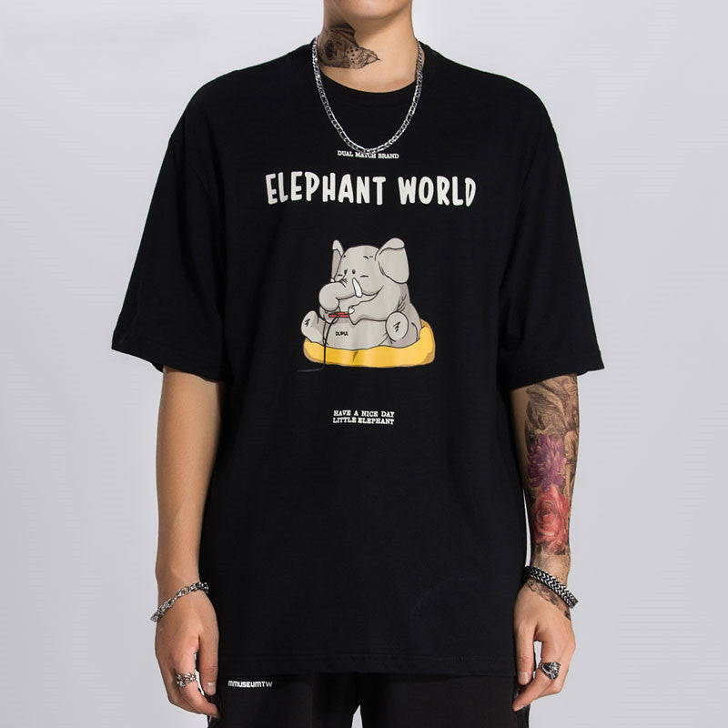 person wearing a black graphics tshirt on a white background