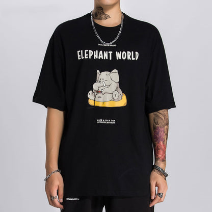 person wearing a black graphics tshirt on a white background