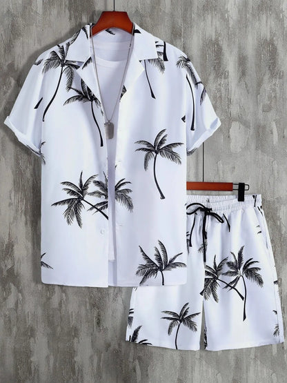 White shirt and shorts set with black palm tree pattern on a gray background