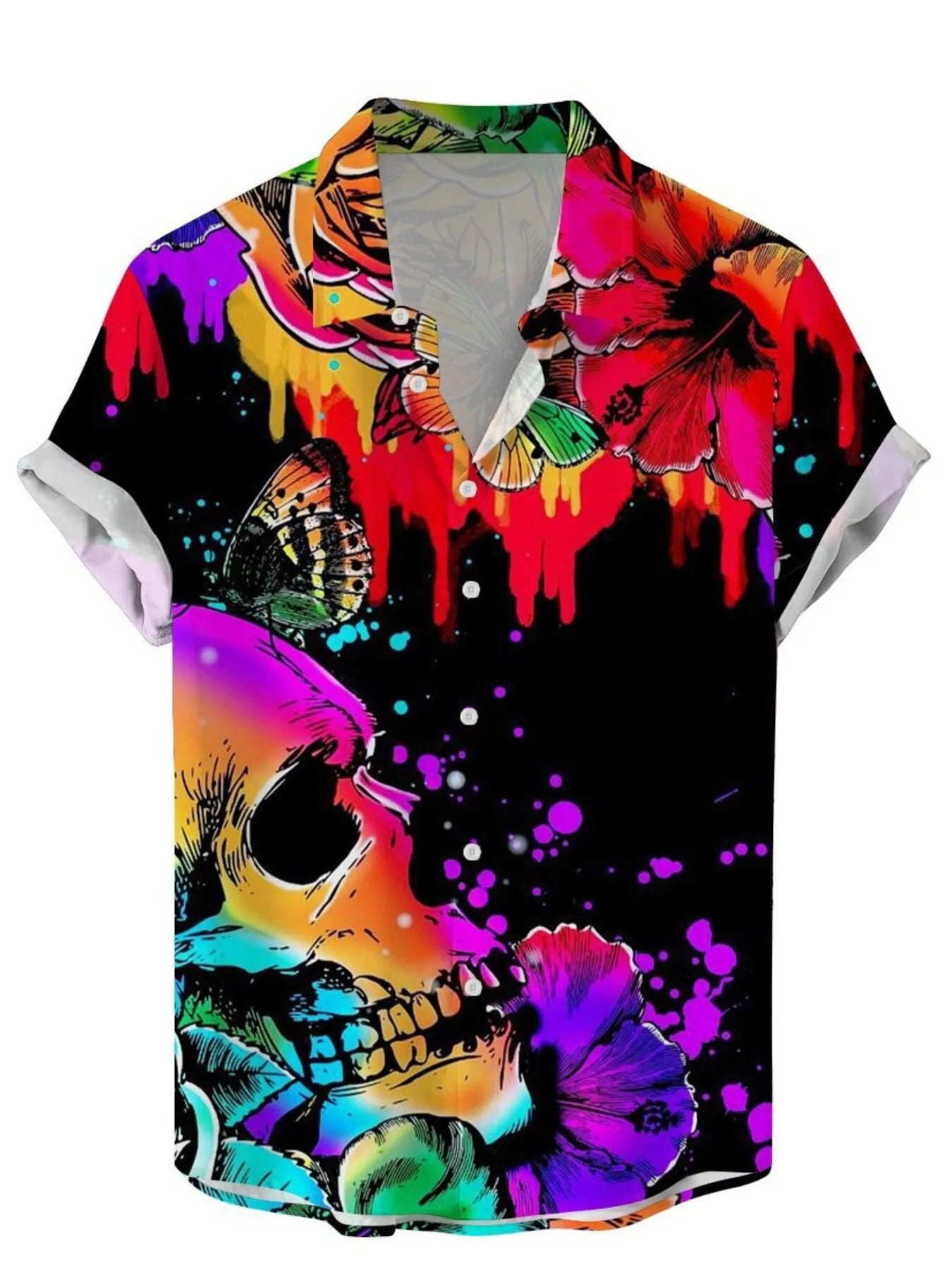 Colorful shirt with skull and floral design on a white background