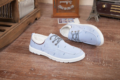 Pair of light blue shoes on a wooden floor with decorative items in the background.
