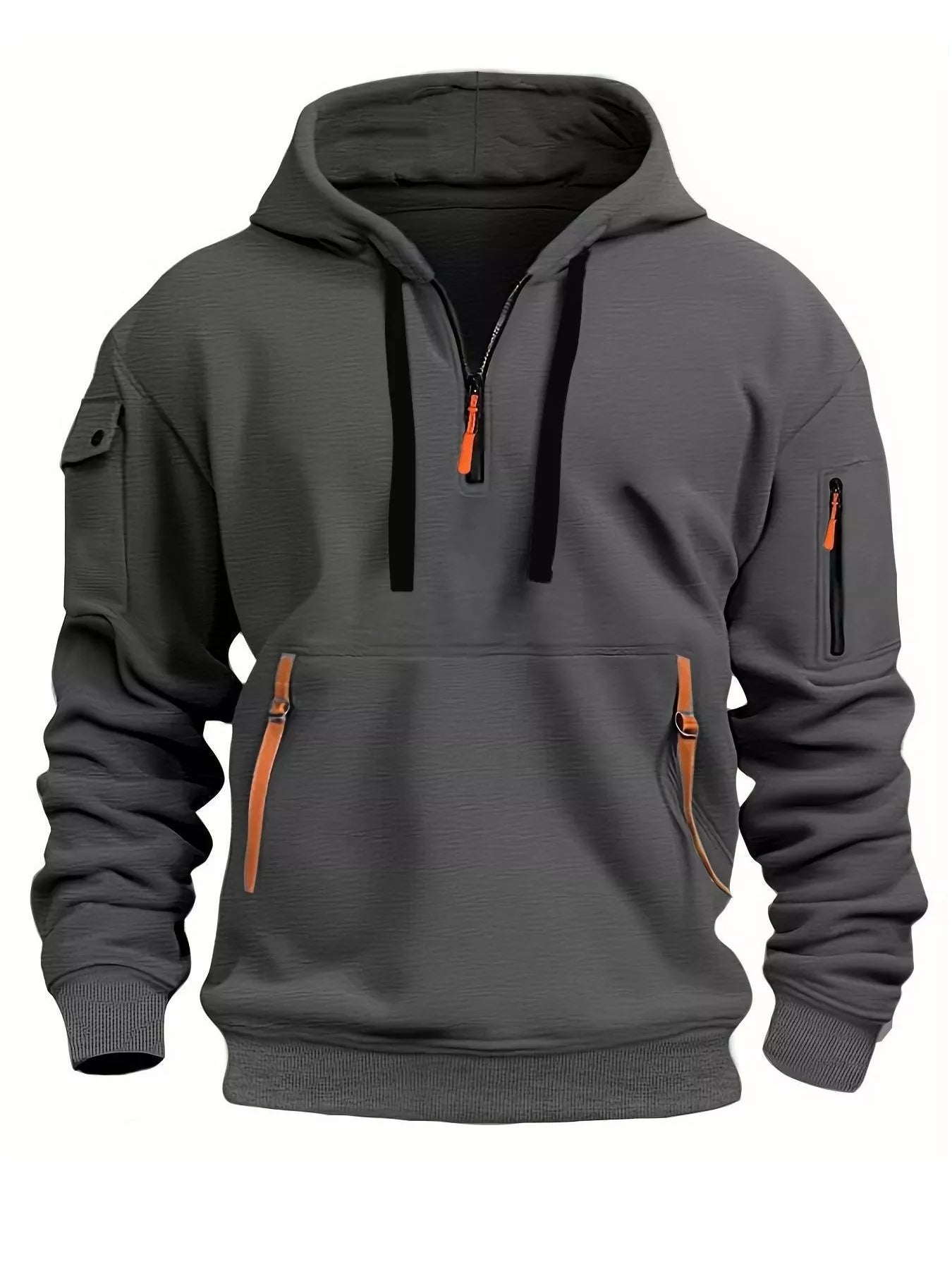 Gray hoodie with orange zippers on a white background