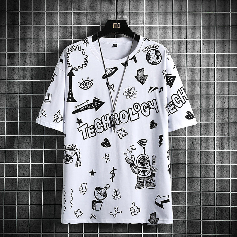White t-shirt with black graphics and text on a hanger against a tiled wall background