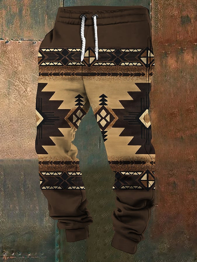 Brown sweatpants with geometric pattern on a textured background