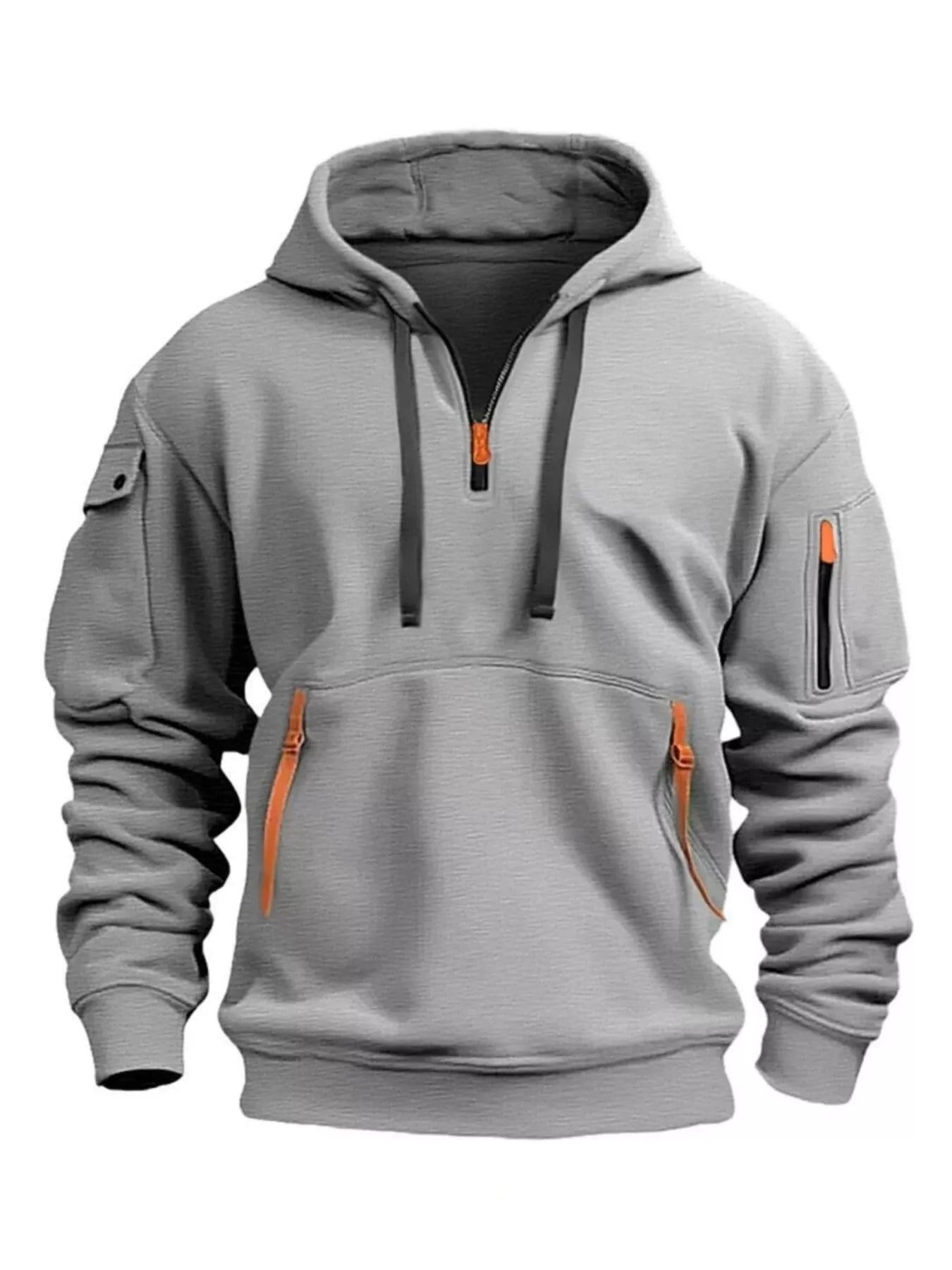 Gray hoodie with orange accents on a white background
