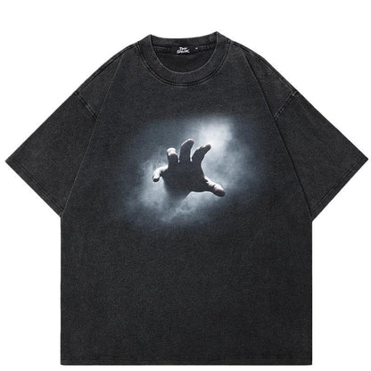 Black t-shirt with a graphic of a hand reaching out from a cloud on a white background