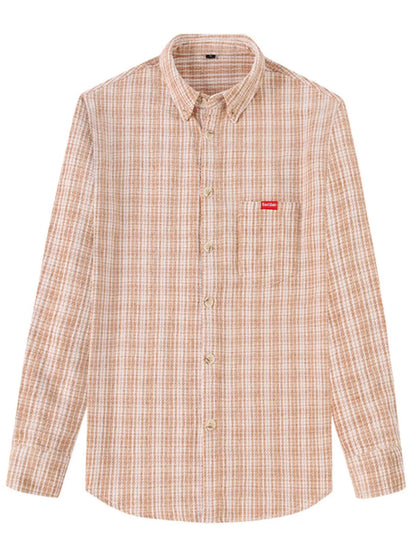 Plaid shirt with a red label on a white background