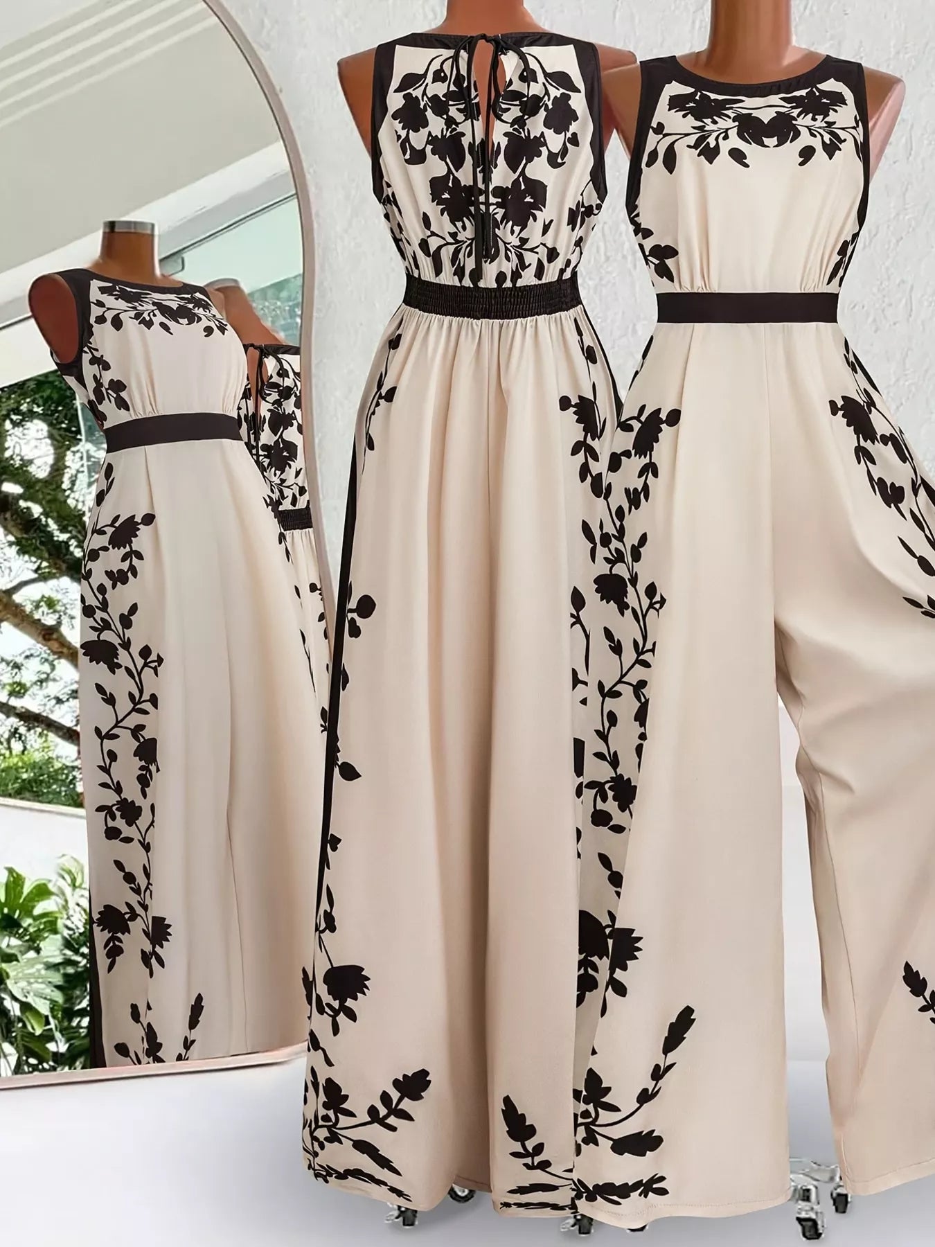 Beige sleeveless pants suit with black floral pattern on a mannequin against a white background