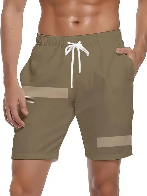 Olive green shorts with a white drawstring on a plain background