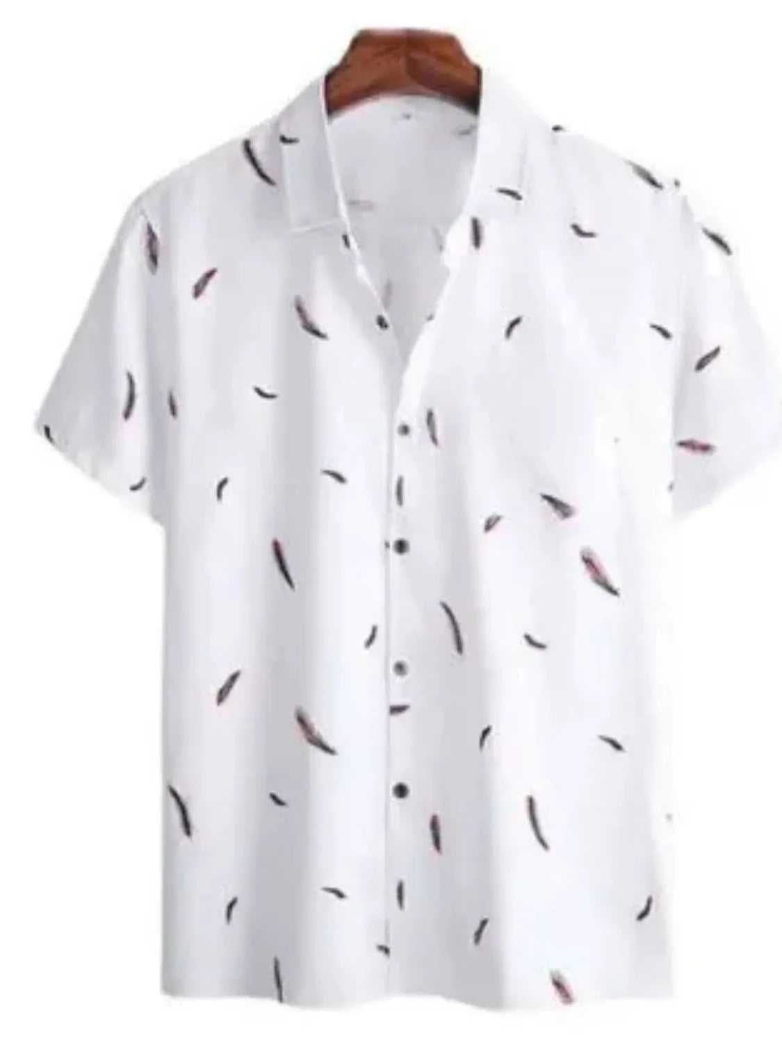 White shirt with black and red abstract pattern on a white background