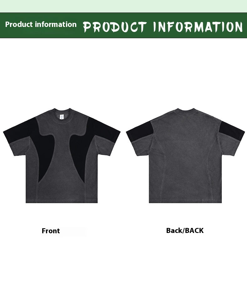 Gray t-shirt with black sleeves on a white background, showing front and back views.