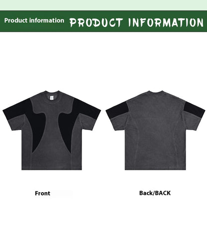 Gray t-shirt with black sleeves on a white background, showing front and back views.