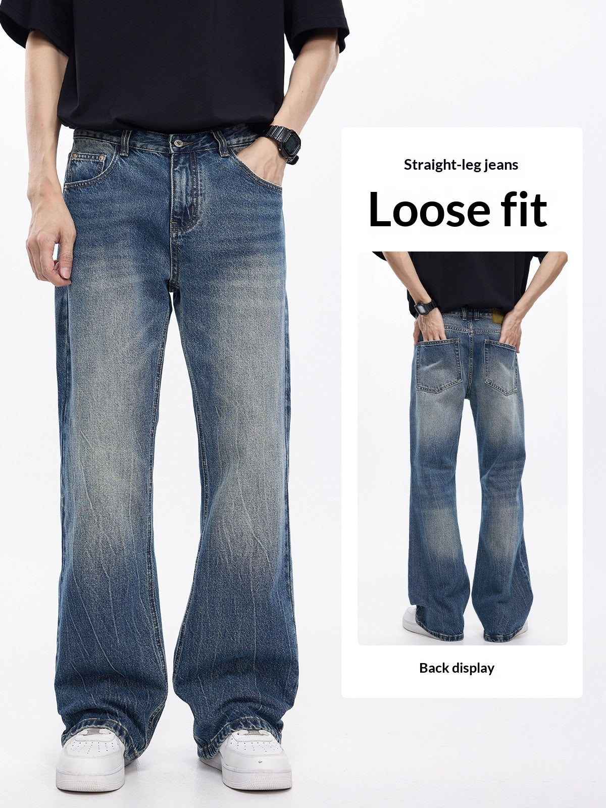Loose fit straight-leg jeans displayed from front and back on a white background.