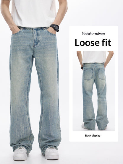 Person wearing loose fit straight-leg jeans with text indicating 'Loose fit' and 'Straight-leg jeans'.