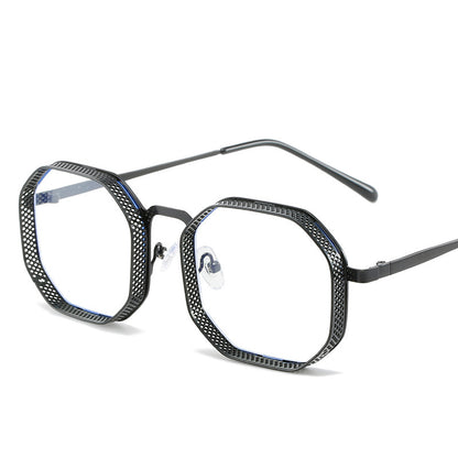 Black metal eyeglasses with a geometric frame design on a white background